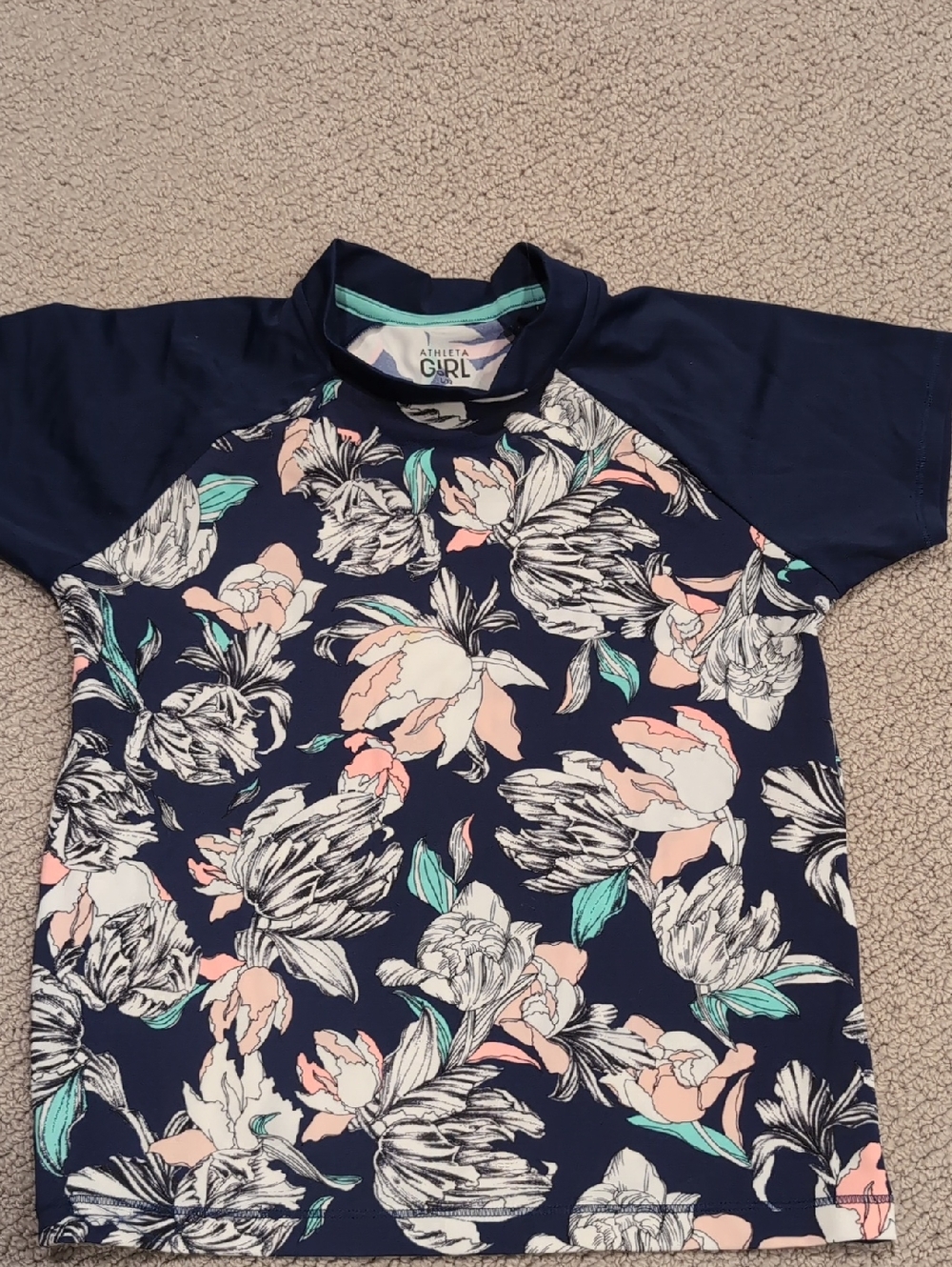 Athleta Girl Navy Floral Short-Sleeve Swim Rashguard with Mint & Blush Accents